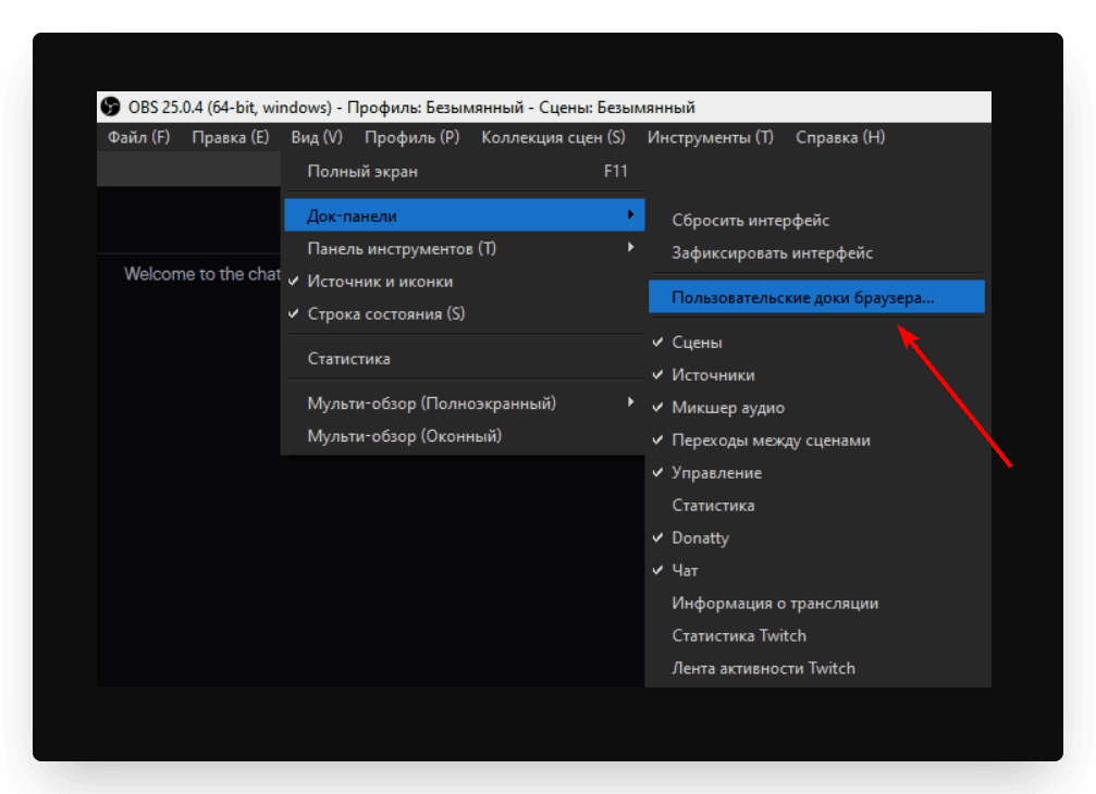 Then start OBS and open the menu View → Docks → Custom Browser Docks.
