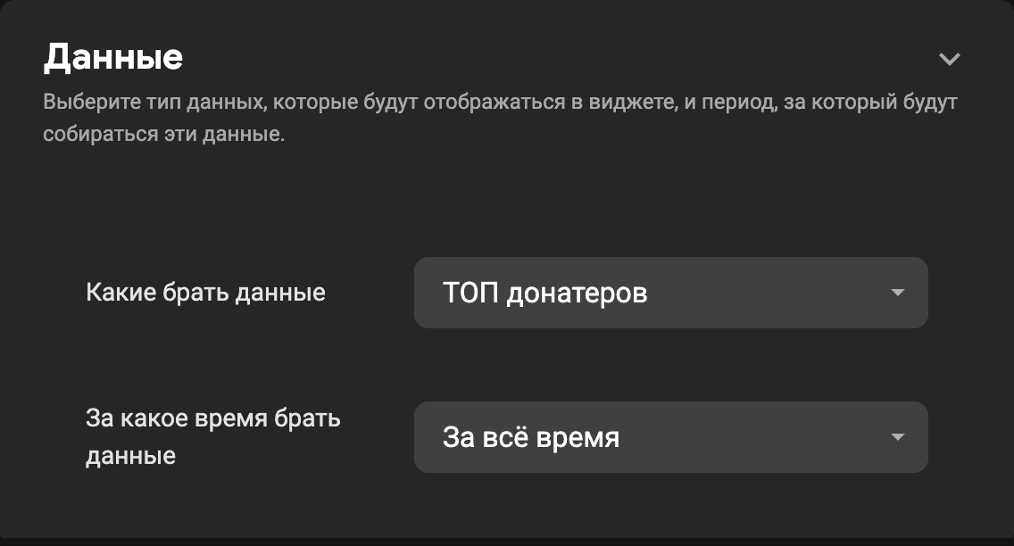 Блок «Данные» виджета ТОП: «Какие брать данные» и «За какое время брать данные»